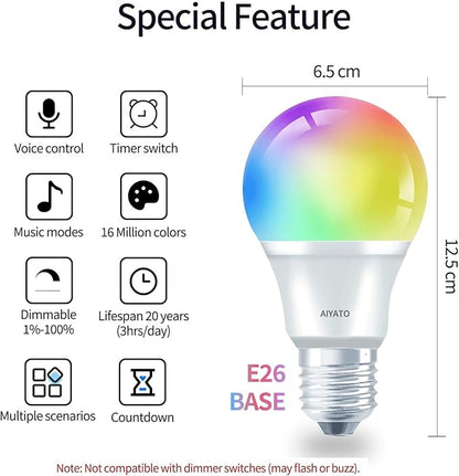 Smart Light Bulbs Work with Apple HomeKit, 16 Million DIY Colours GRBCW WiFi LED Light Bulb Multicolor WiFi and Blutoth Smart Bulbs Compatible with Siri, Alexa, Google Assistant 2 Pack