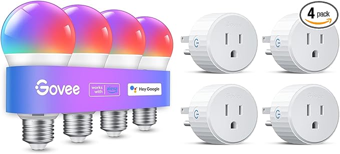 Govee 4 Pack Smart Light Bulbs, WiFi Bluetooth Color Changing with Smart Plug, Compatible with Alexa & Google Assistant, Multicolor LED, 60W Equivalent, 4 Count, E26 Base