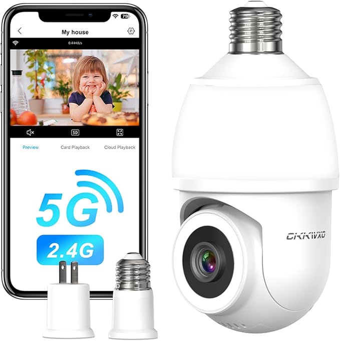 2.4&5Ghz WiFi Light Bulb Security Camera,2K Wireless Light Bulb Camera, Light Socket Security Cam with Motion Detection,Two-Way Talk, Color Night Vision, Compatible with Alexa