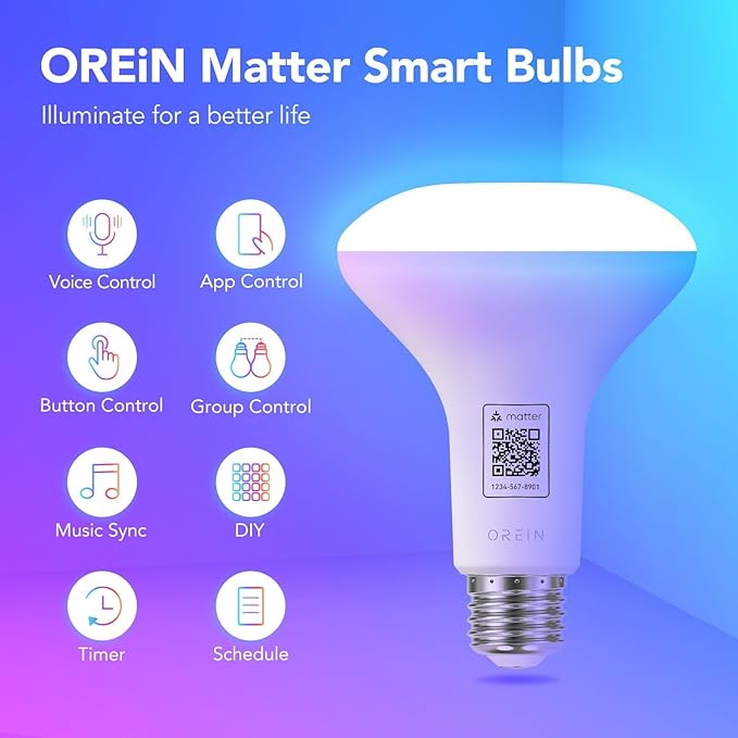 OREiN Matter Smart Light Bulb, BR30 Smart Bulbs, 60W E26 Base RGBTW Color Changing Bulbs 2.4Ghz WiFi Only, 650LM Led Bulb Compatible with Alexa, Apple Home, Google Home, SmartThings, 4 Pack