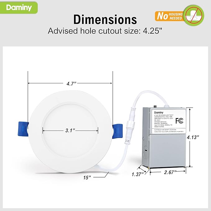 DAMINY 12 Pack 4 Inch LED Recessed Lighting with Junction Box,5CCT,Ultra-Thin Recessed Light,7W 700LM, Dimmable Canless Wafer Ceiling Light, High Brightness