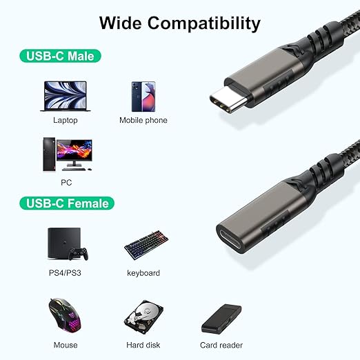 USB C Extension Cable 3.3ft USBC Male to Female Cord Support 4K Video Output, Fast Charge 100W, Data Transfer 10Gbps, USB 3.2 Gen 2 Extender for Thermal Camera, Monitor,Phone, KKY, SSD,Switch,Dock
