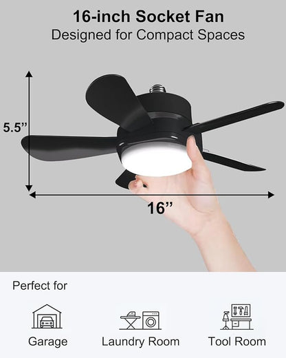 Ligency Smart Socket Fan Light with Remote, 16 inch Small Socket Ceiling Fan Light with RGBW, E26 Screw in Ceiling Light Bulb Fan, 1800Lm, Work with Alexa & Google Assistant for Garage Bedroom, Black