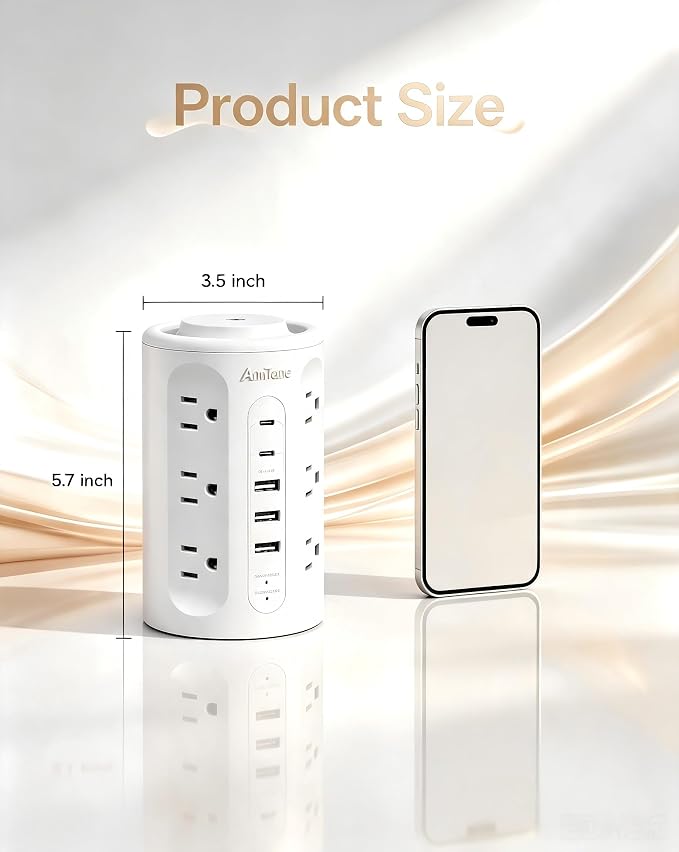 Power Strip Tower with USB Ports, 6.5 FT Extension Cord with Multiple Outlets (12AC+3A+2C) for Home Office Desk College Dorm Room Supplies