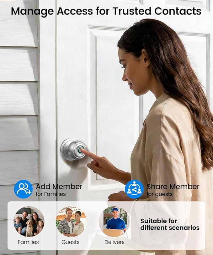 Fingerprint Door Lock, Smart Fingerprint Door Knob with Lock, Biometric Door knob with App Control & Key, Keyless Thumbprint Entry Door Lock for Bedroom, Front Door, Home, Apartment-Burnished Silver