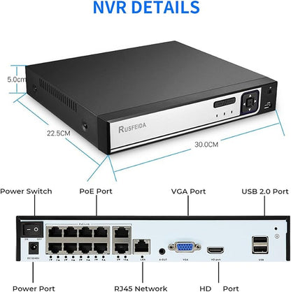 4K 10CH Network Video Recorder for Security Camera System, Support 4K/5MP/4MP/3MP/1080P IP Camera H.265+ PoE NVR, 24/7 Recording, Face Detection, 10 Port PoE NVR(HDD Not Included)