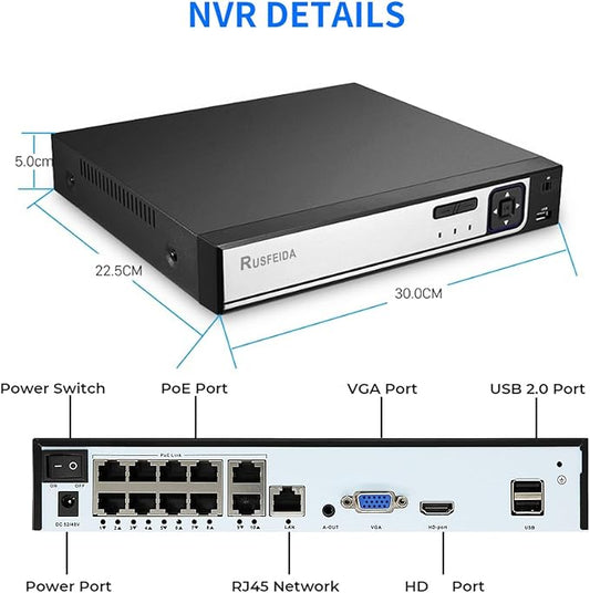 4K 10CH Network Video Recorder for Security Camera System, Support 4K/5MP/4MP/3MP/1080P IP Camera H.265+ PoE NVR, 24/7 Recording, Face Detection, 10 Port PoE NVR(HDD Not Included)
