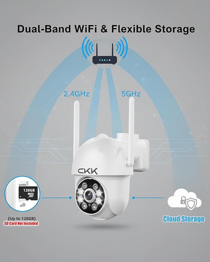 CKK 2K Security Cameras Outdoor, 2.4G/5G Wireless Home Security Camera, Corded Power,360 PTZ, Motion Detection, Color Night Vision, 2-Way Talk, Waterproof, Audible & Floodlight Alarm, Works with Alexa