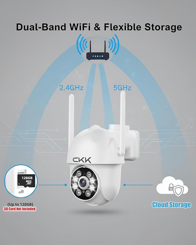 CKK 2K Security Cameras Outdoor 2Pack, 2.4G/5G Wireless Home Security Cameras, 360 PTZ, PIR Motion Detection, Color Night Vision, 2-Way Talk, Waterproof, Audible & Floodlight Alarm, Works with Alexa