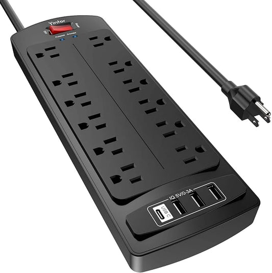 Yintar 6Ft Surge Protector Power Strip with 12 Outlets and 4 USB Ports | 6 Feet Flat Plug Extension Cord with Multiple Outlets for Home, Office, Dorm Essentials, 2700 Joules, ETL, Black
