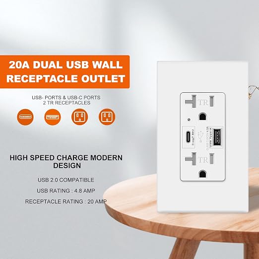 USB C + A Outlet 4.8A 24W Wall Receptacle Fast Charging 20 Amp Commercial, Tamper Resistant Wall Plate Included UL Listed Not for Laptops Type C Micmi White 10 Pack