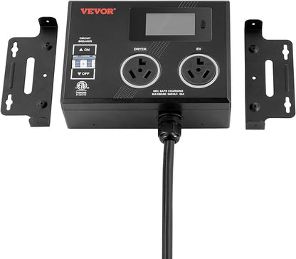 VEVOR NEMA Splitter for Dryer and EV, 3-Color LED Indicator, 240V Smart Power Distribution, with NEMA 10-30 Plug, Two NEMA 10-30 Outlets, 3.4 in LCD Screen, Max 24A Dryer EV, Tested to ETL Standard