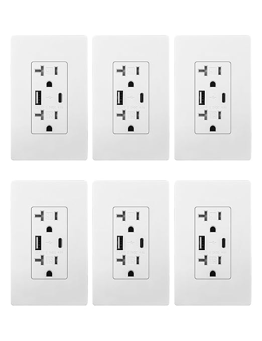 MOES USB Wall Outlet 20 Amp, USB-C and USB-A 24W Charging, White, 6 Pack