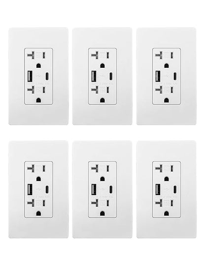 MOES USB Wall Outlet 20 Amp, USB-C and USB-A 24W Charging, White, 6 Pack
