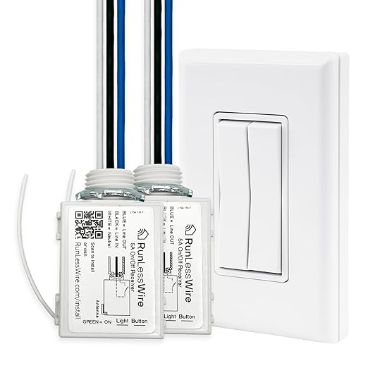 RunLessWire Fan & Light Battery-Free DIY Wireless Light Switch Kit 150ftRF Range Kinetic for Bathrooms & Ceiling Fans: 1 Dual Remote Switch Controls 2 5A On/Off Receivers Separately White