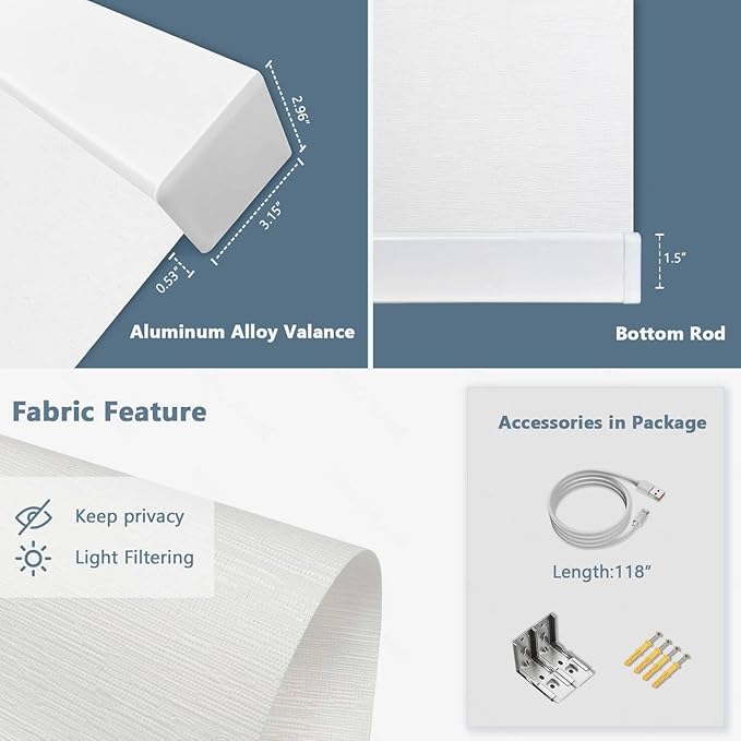 Motorized Blinds with Remote Cordless Automatic Motorized Shades Custom Blinds for Windows Smart Curtains Compatible with Alexa Google Home(Light Filtering Jacquard White,W59 x H72in)