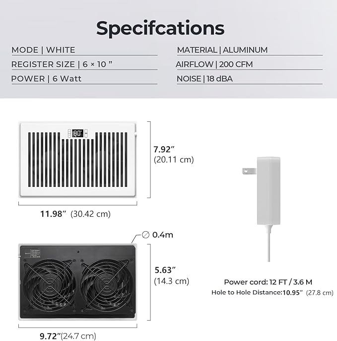 BIOWIND Quiet Register Booster Fan Fits 6" x 10" Register Holes, 10-Speed Smart Heating Cooling AC Vent Fan with Remote Control and Thermostat Control - White