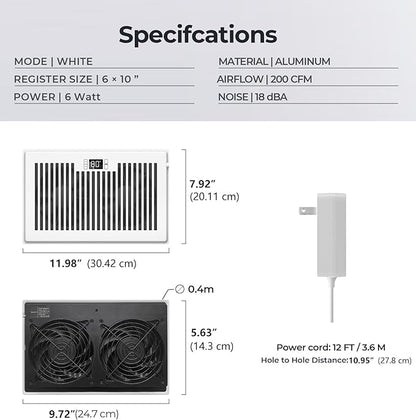 BIOWIND Quiet Register Booster Fan Fits 6" x 10" Register Holes, 10-Speed Smart Heating Cooling AC Vent Fan with Remote Control and Thermostat Control - White