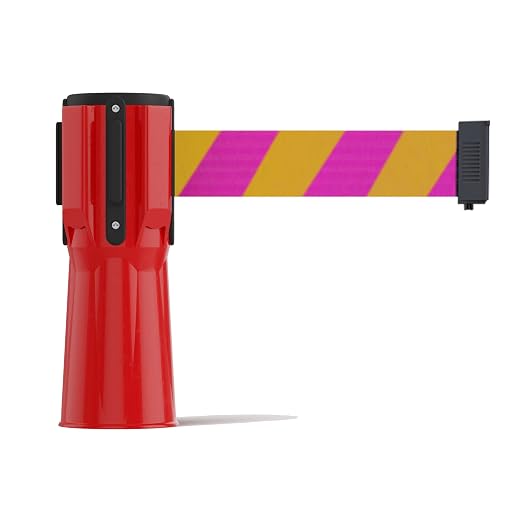 Trafford Industrial 11 ft Cone-Mounted Retractable Belt Barrier Red Case with Magenta and Yellow Diagonal Belt