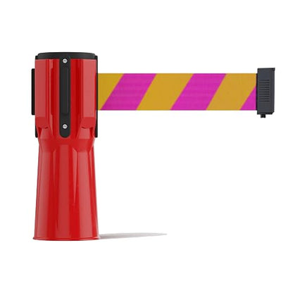 Trafford Industrial 11 ft Cone-Mounted Retractable Belt Barrier Red Case with Magenta and Yellow Diagonal Belt