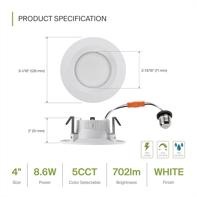 ASD 6 Pack 4 Inch Retrofit LED Recessed Light - 9W 2700K-5000K 700LM Retrofit LED Recessed Lighting 4 Inch, Dimmable Recessed Lights, Wet Rated Baffle Trim Can Lights, UL