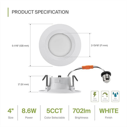 ASD 6 Pack 4 Inch Retrofit LED Recessed Light - 9W 2700K-5000K 700LM Retrofit LED Recessed Lighting 4 Inch, Dimmable Recessed Lights, Wet Rated Baffle Trim Can Lights, UL