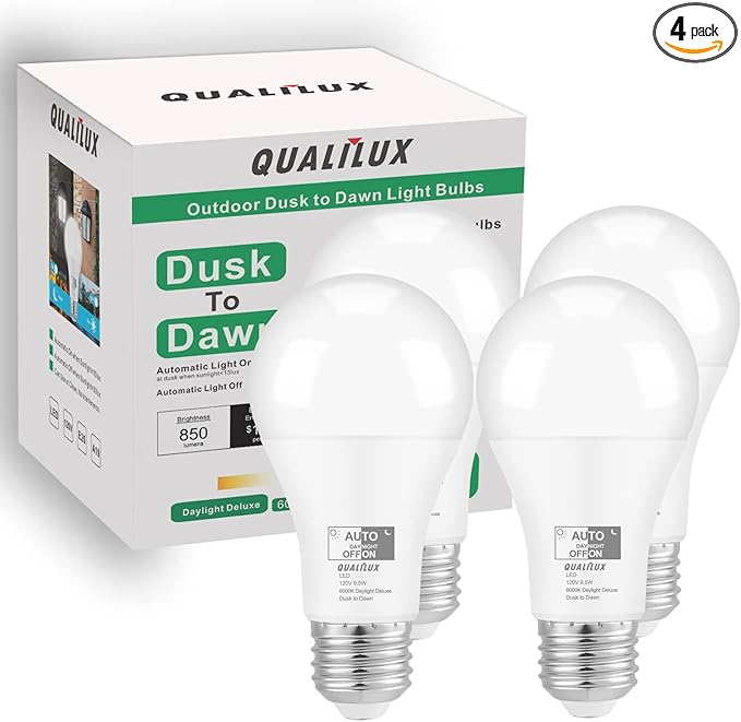 Qualilux Dusk to Dawn Light Bulbs Outdoor 850 Lumen, 60W Equivalent, Daylight Deluxe 6000K, LED 9.5W, A19, E26 Base, 4-Pack, HQ-H010