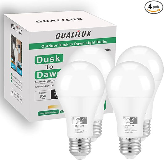 Qualilux Dusk to Dawn Light Bulbs Outdoor 850 Lumen, 60W Equivalent, Daylight Deluxe 6000K, LED 9.5W, A19, E26 Base, 4-Pack, HQ-H010