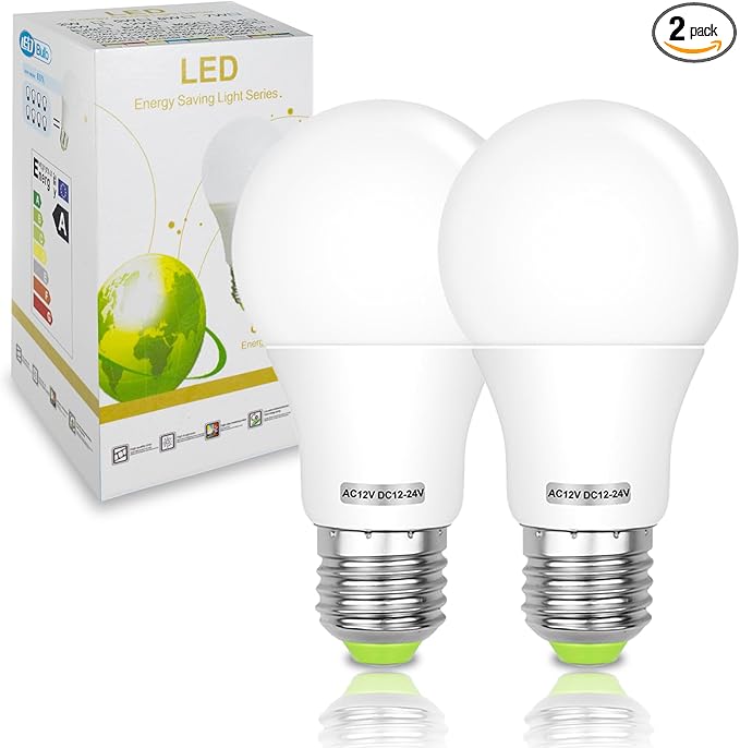 12V LED Bulb 6W 600Lm E26/E27 Base 12-24V AC/DC Cool White Durable for Off-Grid Solar Battery Systems, Rvs, Marine Lighting Camper Energy Saving 60W Equivalent - 2 Pack