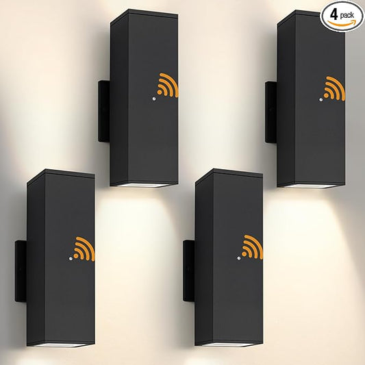 Dusk to Dawn Outdoor Lighting, LED Square Up and Down Outdoor Sconce Lights, Matte Black Exterior Lighting Fixtures with 7W LED Bulbs, Front Porch Lights for house, Garage, Patio, Doorway, 4 Pack