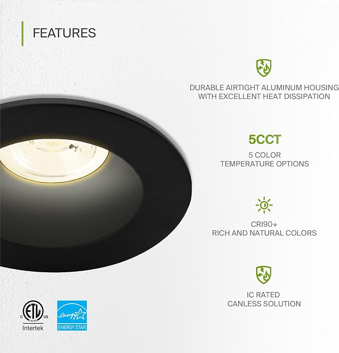 ASD 2 Inch LED Recessed Lighting with Junction Box, 8W 650 Lm, Dimmable Anti-Glare Downlight, 2700K/3000K/3500K/4000K/5000K Selectable, CRI 90+, Round Black Trim, IC Rated, ETL, Energy Star, 18 Pack