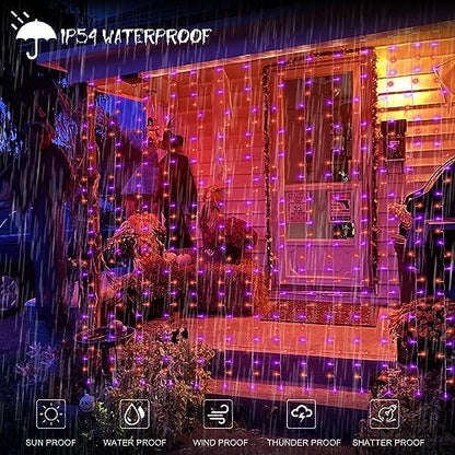 echosari Halloween Curtain Lights Battery Operated 300 LED Purple Orange