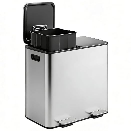 Garvee Trash Can, 2 x 10.6 gal (2 x 40 L) Garbage Can for Kitchen Dual Compartment Recycling Kitchen Step Trash Bin, Stainless Steel Trash and Recycle Bin Combo with Soft-Close Lid,Silver