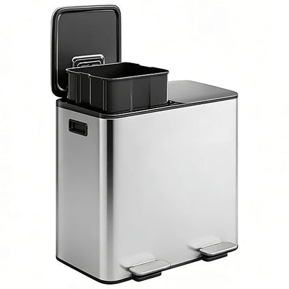 Garvee Trash Can, 2 x 10.6 gal (2 x 40 L) Garbage Can for Kitchen Dual Compartment Recycling Kitchen Step Trash Bin, Stainless Steel Trash and Recycle Bin Combo with Soft-Close Lid,Silver