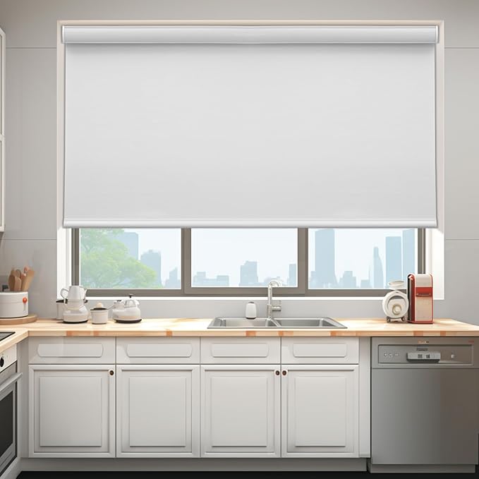 Changshade Custom Size Cordless Roller Shades, Blackout Roller Window Blinds with Thermal Insulated for Office, Living Room, Bedroom, Kitchen, Easy Installation,White