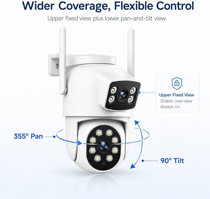 Camcamp 2K Dual Lens PTZ Security Camera Outdoor, WiFi Auto Tracking | 355° Pan-Tilt, Color Night Vision, 2-Way Audio, Motion Detection, Plug-In Powered, IP66, No Monthly Fee