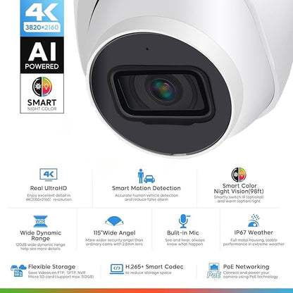 DahuaSecurity 4K 8MP PoE IP Dome Camera – Outdoor AI Security Turret Camera with Human & Vehicle Detection, 98ft IR Night Vision, IP67, Built-in Mic, Smart Surveillance for Home