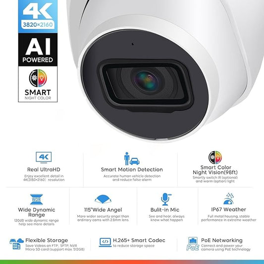DahuaSecurity 4K 8MP PoE IP Dome Camera – Outdoor AI Security Turret Camera with Human & Vehicle Detection, 98ft IR Night Vision, IP67, Built-in Mic, Smart Surveillance for Home