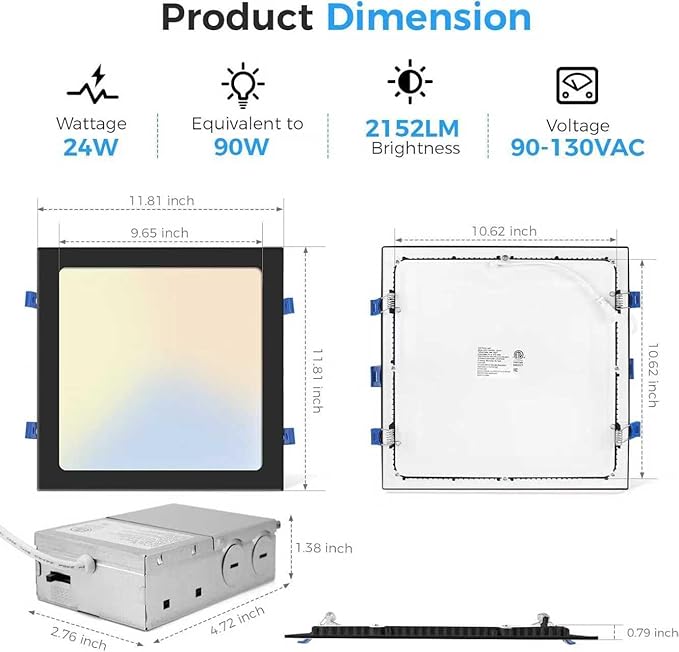 HONZIN 2 Pack 12 Inch Square Recessed Lighting, 5CCT Ultra-Thin LED Downlight, 2700K/3000K/3500K/4000K/5000K Selectable, Dimmable, 24W, IC Rated Canless Ceiling Lights with Junction Box, Black Trim