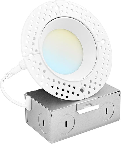 LUXRITE 3 Inch Trimless LED Recessed Light with Junction Box, 5CCT Selectable 2700K-5000K, 10W, 750LM, Dimmable, Wet & IC Rated, Canless Downlight, ETL Listed, New Construction and Remodel