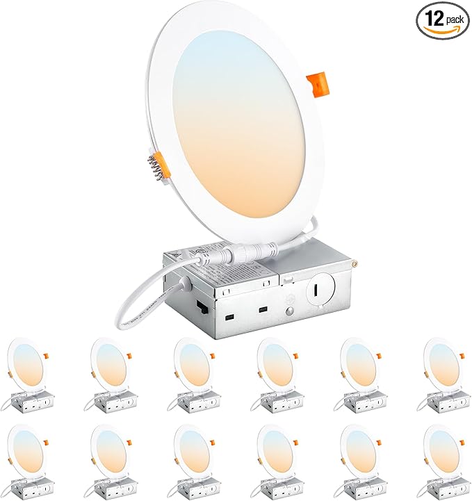 DLLT LED Recessed Ceiling Light: 12 Pack 6 Inch Slim Recessed Lighting for Kitchen - 5CCT Dimmable Canless Wafer Downlight for Living Room - 1200LM Brightness 12W LED Lights for Bedroom ETL FCC