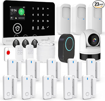 Home Alarm System with Camera, 23 Pieces Wireless WiFi/GSM SMS Home Security System with Motion Detector, 120dB Alarm Siren, Remote Control, Doorbell Button and SOS Button for Villa,Warehouse