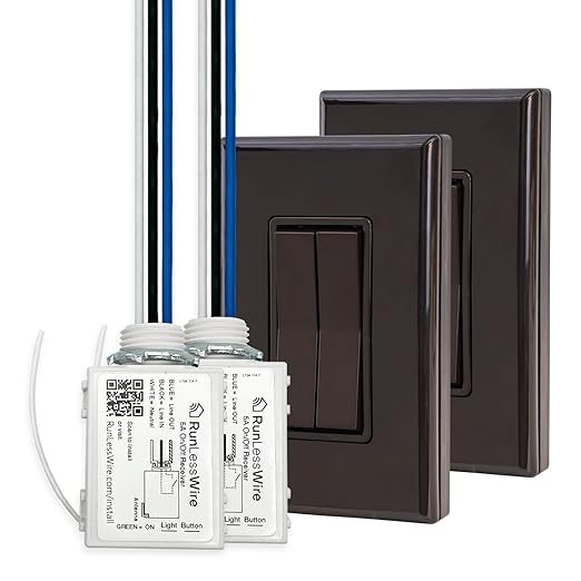 RunLessWire 3-Way Fan & Light Battery-Free DIY Kinetic Wireless Light Switch Kit for Bathrooms & Ceiling Fans: 2 Dual Remote Switches, Both Control 2 5A On/Off Receivers Separately Brown