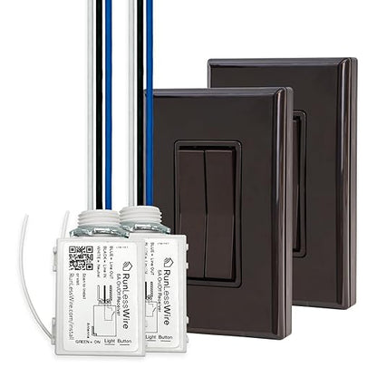 RunLessWire 3-Way Fan & Light Battery-Free DIY Kinetic Wireless Light Switch Kit for Bathrooms & Ceiling Fans: 2 Dual Remote Switches, Both Control 2 5A On/Off Receivers Separately Brown