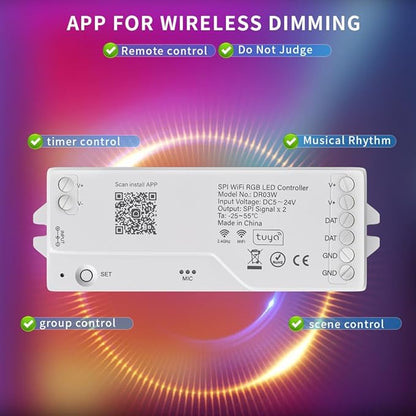 DR03W RGB SPI SMD COB 3PIN Addressable LED Strip 2.4GHz Tuya WiFi Controller, Support Alexa Google Home Smartphone APP Control Compatible with WR01RF RC03RFB RC04RFB RC05RFB RGB Remote