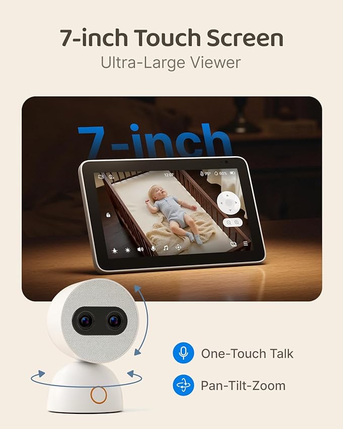 Simsky Baby Monitor with 2 Cameras, 7" UHD Split-Screen Touch Display | 4MP Dual Cameras with Wall Mount, 6X Zoom | AI Detection, App Remote Access, 32GB Local Storage, Hack-Proof Encryption