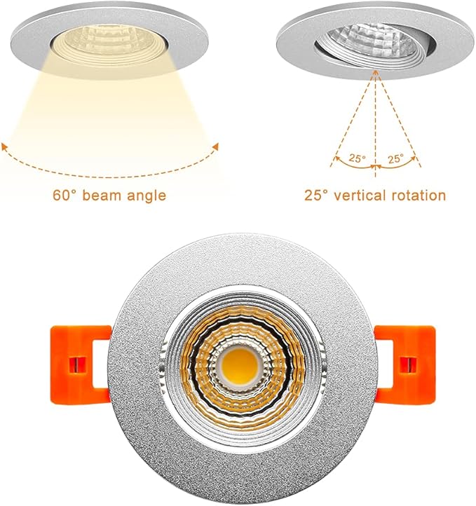 2Inch LED Recessed Ceiling Light, 3W Dimmable LED Downlight, 60 Beam Angle COB Recessed Lights with Driver, Warm White 3000K-3500K, 25W Halogen Bulbs Equivalent for Ceiling Lighting, Silver 1Pack