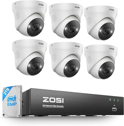 ZOSI 4K PoE Security Camera System, Person Vehicle Detection, 6pcs 4K Indoor Outdoor Spotlight PoE Cameras, Night Vision, 2 Way Audio, 8CH 8MP Home Surveillance NVR with 2TB HDD for 24/7 Recording