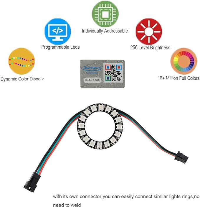 16 Bits WS2812 LED Ring with SM2.54-3P Plug Wire, WS2812B 5050 Addressable RGB LED Module DC5V with Built-in Drivers Individually Programmable for Arduino Raspberry Pi ESP8266 Nodemcu