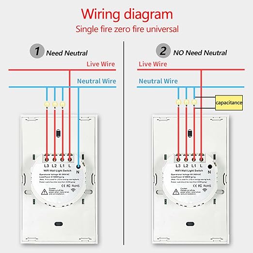 Smart Wi-Fi Light Switch, RF433, No Neutral Wire Required, Compatible with Alexa, Google Home, Smart Life App (2-Gang)